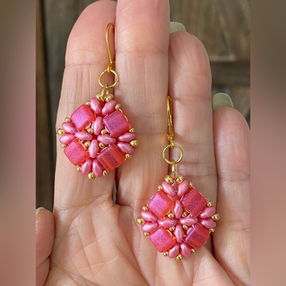 Handmade Hot Pink Czech Glass Bead Gold Tone Drop Earrings